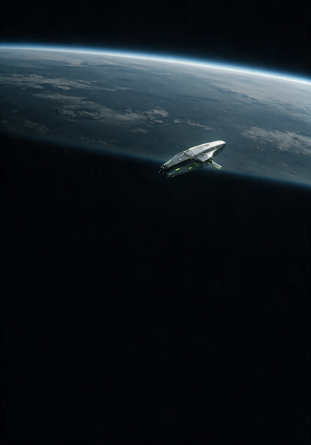A planet limb against black, with a single unmarked vehicle crossing the terminator line